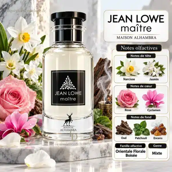 Jean Lowe Maître Maison Alhambra – Notes Olfactives et Composition Pyramide olfactive du parfum mixte Jean Lowe Maître avec narcisse, jasmin, rose, cyclamen, oud, patchouli et encens.
