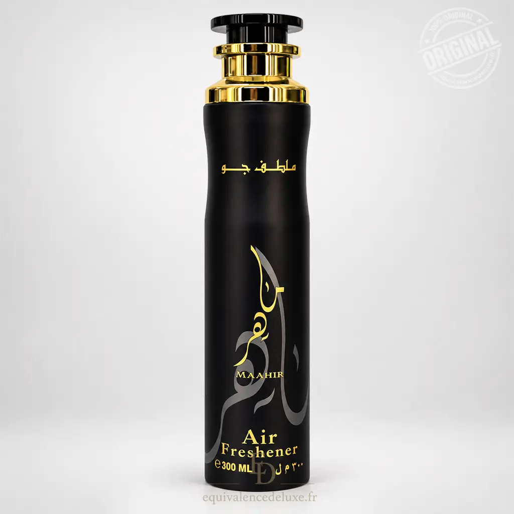 Maahir – Lattafa – Désodorisant d'Intérieur 300 ml 1 Maahir Lattafa désodorisant d'intérieur 300 ml en flacon noir avec détails dorés