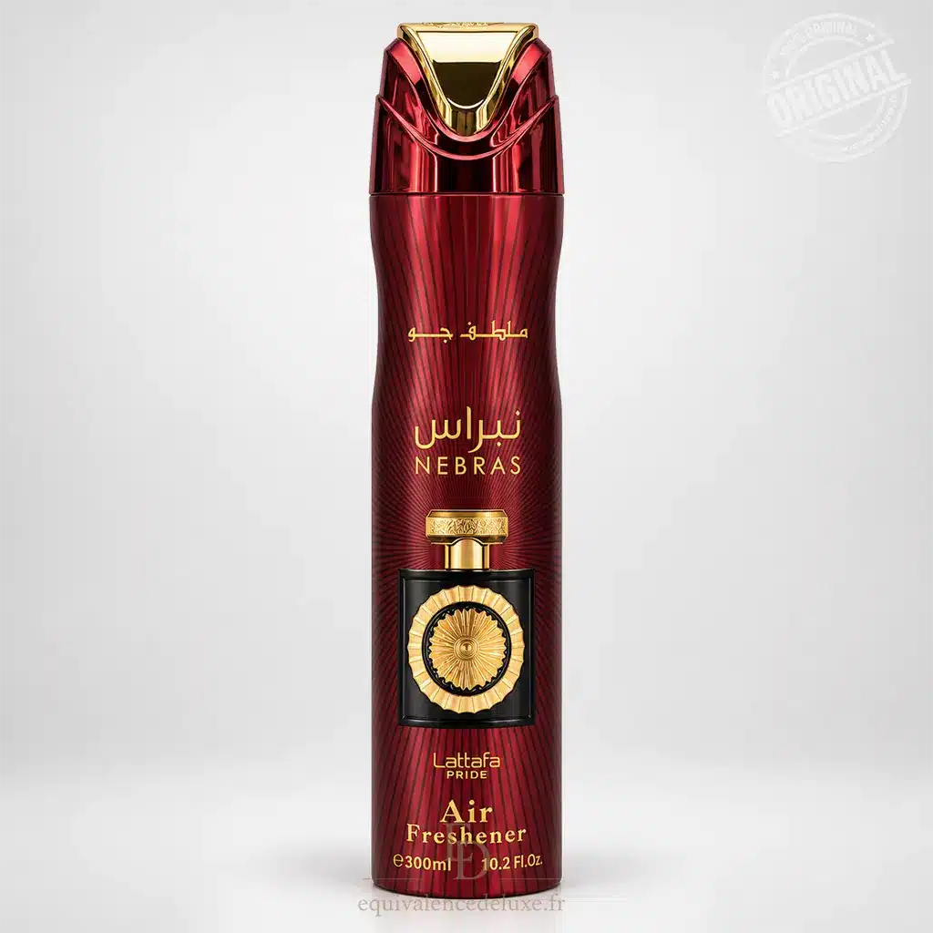 Nebras – Lattafa Pride – Désodorisant d'Intérieur 300 ml 1 Nebras Lattafa Pride désodorisant d'intérieur 300 ml en flacon rouge bordeaux et doré
