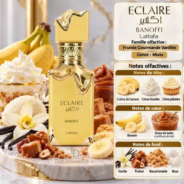 Notes Olfactives Éclaire Banoffi Lattafa Notes olfactives Éclaire Banoffi Lattafa avec crème de banane, crème fouettée, dulce de leche, vanille, praliné, biscuit et musc