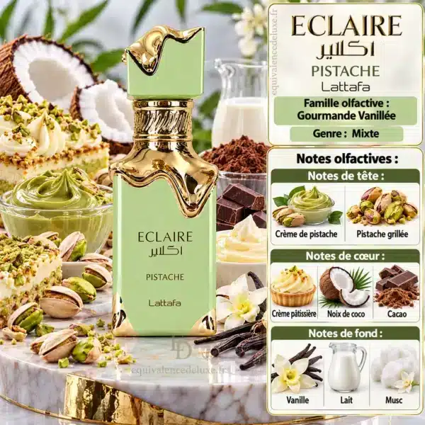 Notes Olfactives Éclaire Pistache Lattafa Notes olfactives Éclaire Pistache Lattafa avec crème de pistache, pistache grillée, crème pâtissière, coco, cacao, vanille, lait et musc