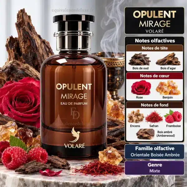 Notes Olfactives Opulent Mirage Volaré Notes olfactives Opulent Mirage Volaré avec oud, bois d’agar, rose, benjoin, encens, safran, framboise et Amberwood