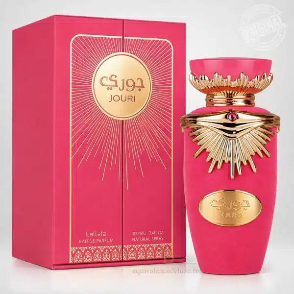 Parfums Dubaï, Collection Privée & Parfums Inspirés au Meilleur Prix 9 Eau de parfum Jouri Lattafa 100 ml pour femme, flacon rose aux ornements dorés présenté avec sa boîte d'origine.
