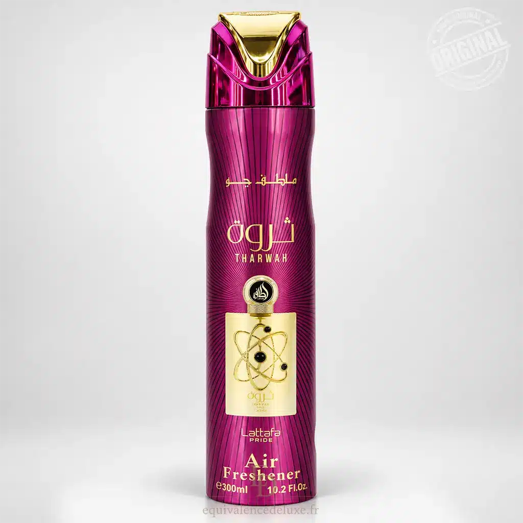 Tharwah Gold – Lattafa Pride – Désodorisant d'Intérieur 300 ml 1 Tharwah Gold Lattafa Pride désodorisant d'intérieur 300 ml en flacon rose fuchsia et doré