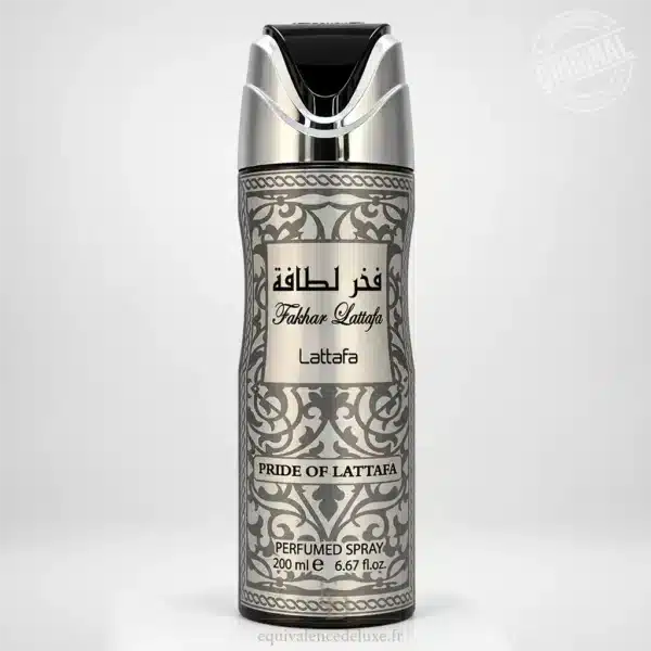 Fakhar Lattafa Silver Perfumed Spray 200 ml homme, flacon argenté aux motifs orientaux