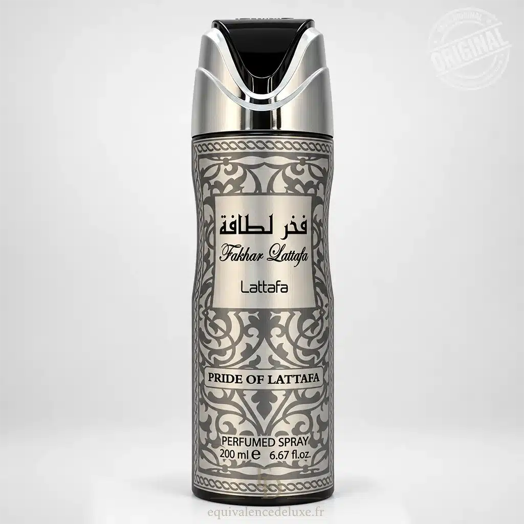 Fakhar Lattafa Silver – Spray Parfumé Homme 200 ml 1 Fakhar Lattafa Silver Perfumed Spray 200 ml homme, flacon argenté aux motifs orientaux