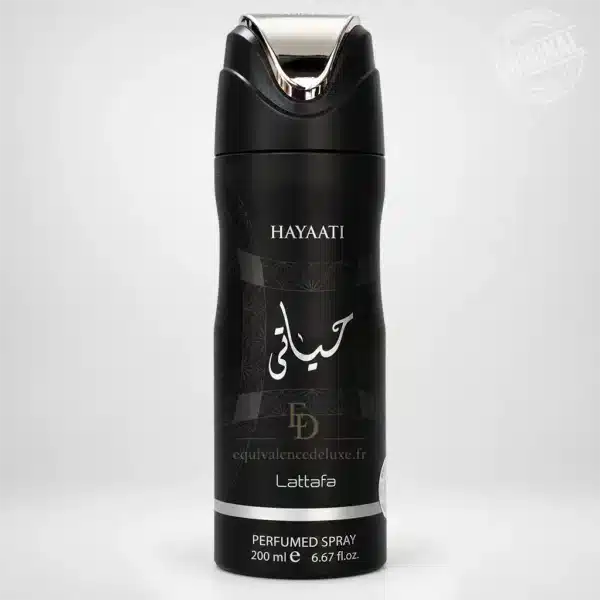 Aérosol Hayaati Lattafa Perfumed Spray 200 ml, flacon noir avec motifs géométriques discrets, inscriptions blanches et capuchon noir et argenté.