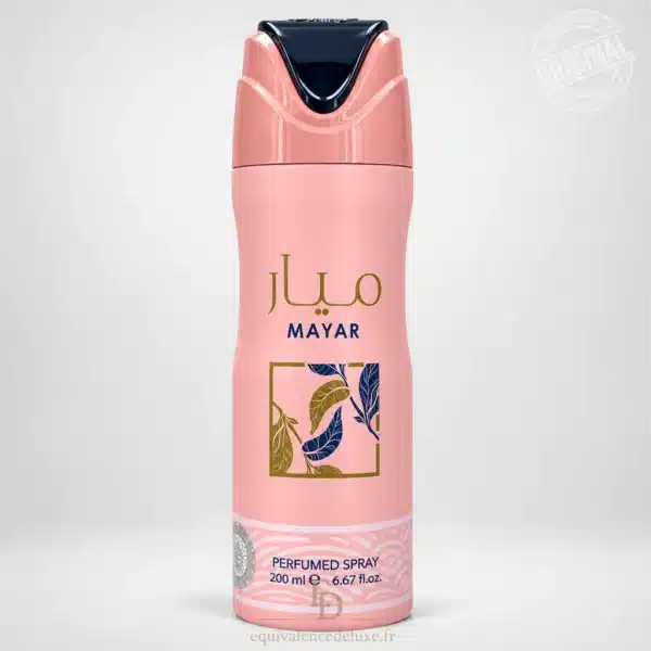 Parfums Dubaï, Collection Privée & Parfums Inspirés au Meilleur Prix 15 Spray parfumé Mayar de Lattafa en aérosol rose poudré de 200 ml, avec capuchon rose et bleu nuit, inscriptions dorées et motif végétal décoratif.
