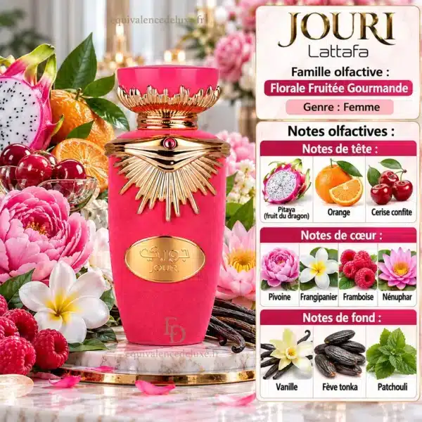 note Parfum Jouri Femme 100ml Pyramide olfactive du parfum Jouri Lattafa avec pitaya, orange, cerise confite, pivoine, framboise, vanille, fève tonka et patchouli.
