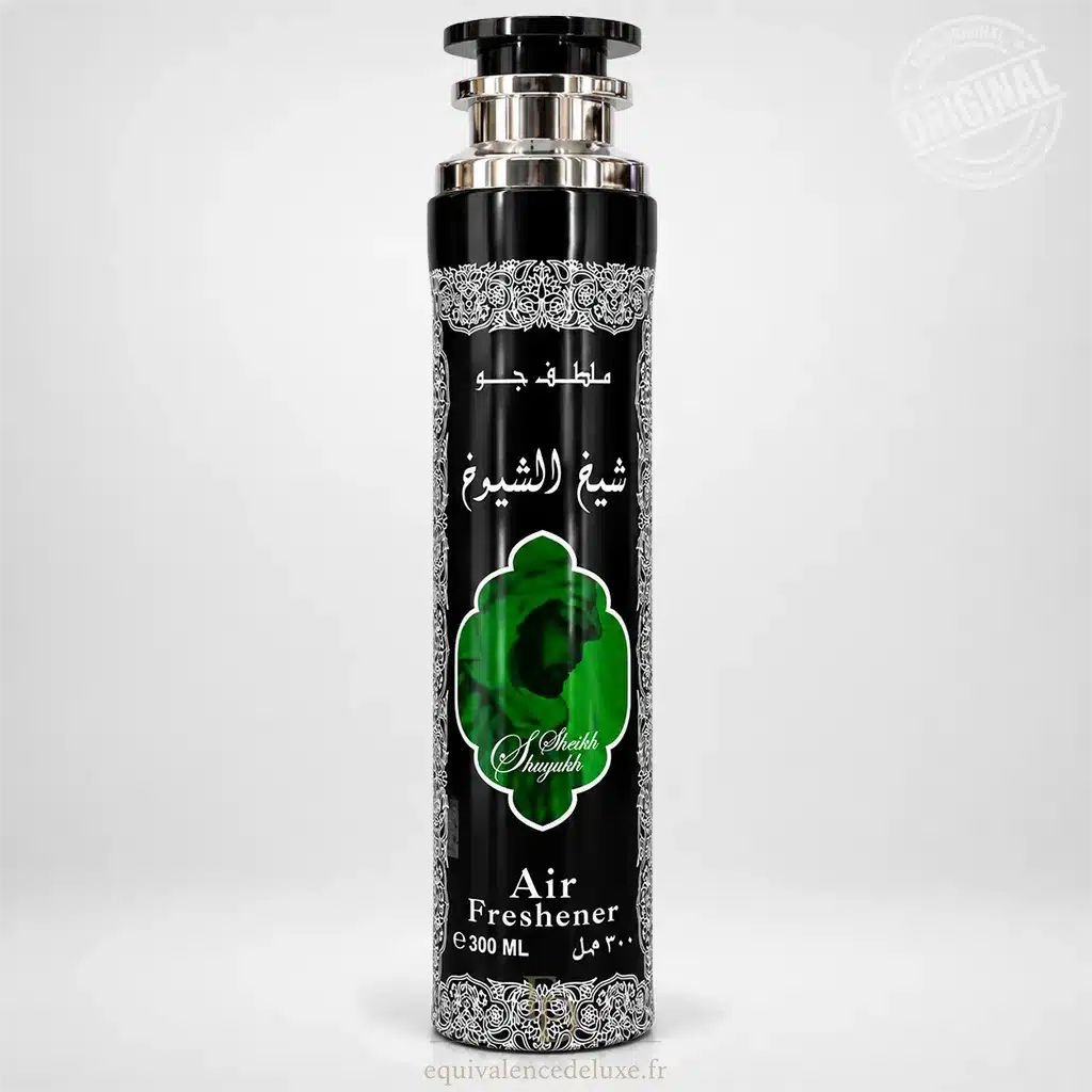 Sheikh Shuyukh – Lattafa – Parfum d'Ambiance 300 ml 1 Flacon noir de parfum d'ambiance Sheikh Shuyukh Lattafa 300 ml, décoré de motifs argentés et d'un médaillon vert.