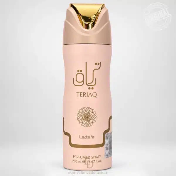 Parfums Dubaï, Collection Privée & Parfums Inspirés au Meilleur Prix 14 Spray parfumé Teriaq de Lattafa en aérosol rose nude de 200 ml, avec capuchon doré, calligraphie arabe et motif floral géométrique.